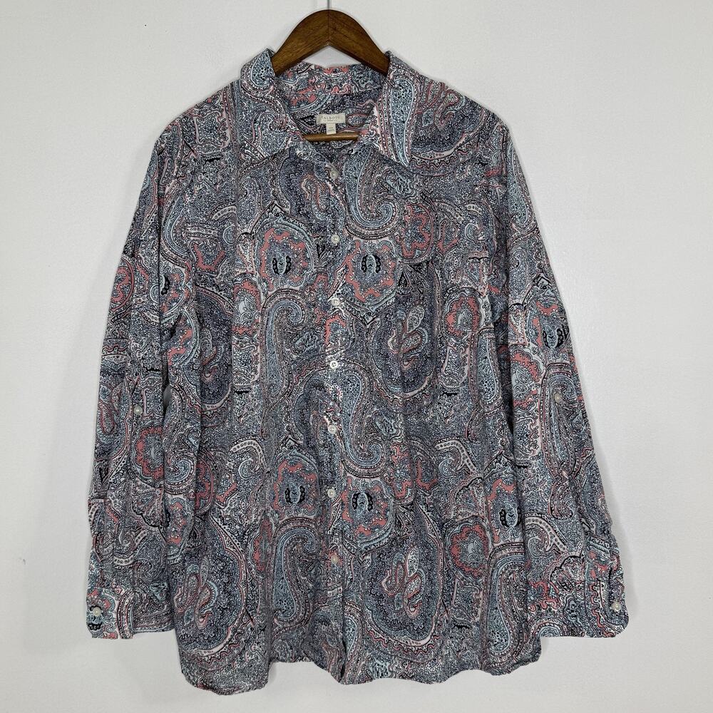 Talbots Shirt Womens 3X Multicolor Paisley Button Front Long Sleeve 100% Cotton